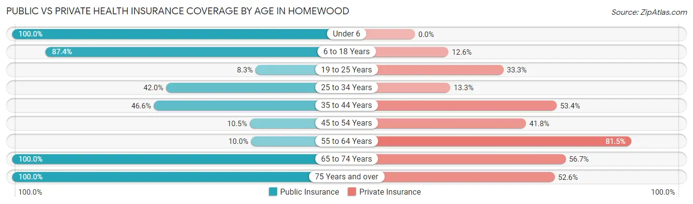 Public vs Private Health Insurance Coverage by Age in Homewood