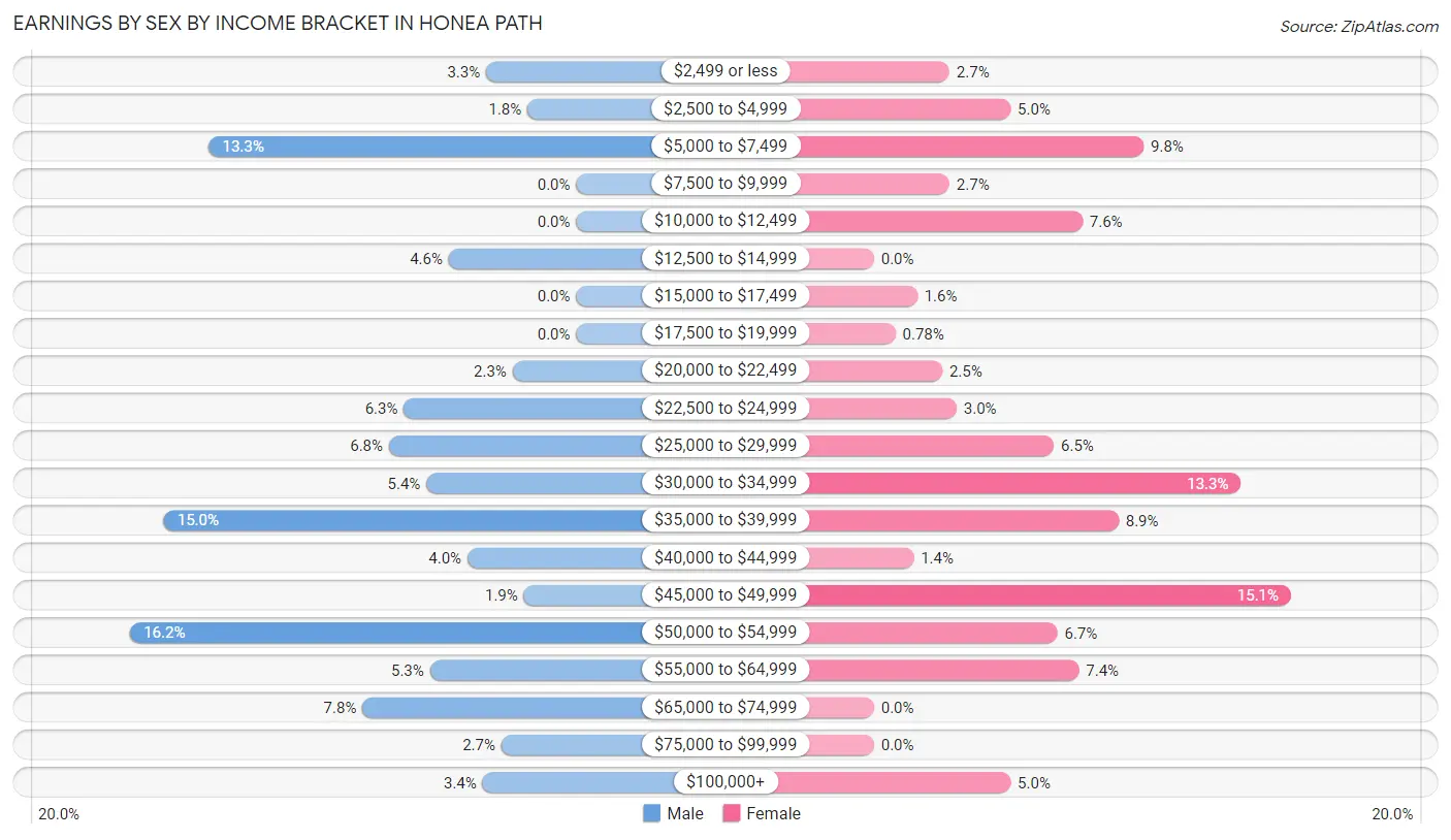 Earnings by Sex by Income Bracket in Honea Path