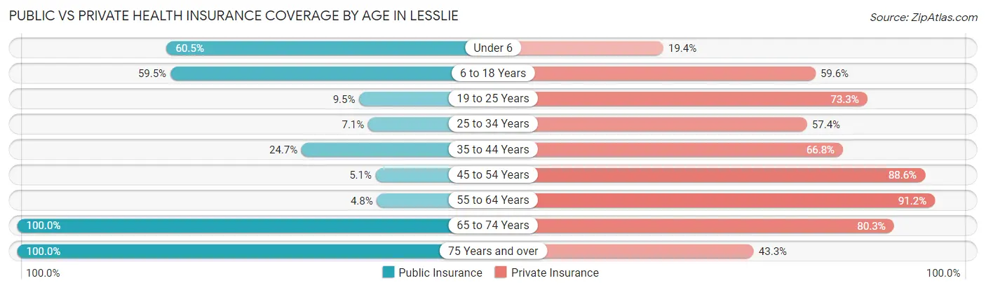 Public vs Private Health Insurance Coverage by Age in Lesslie