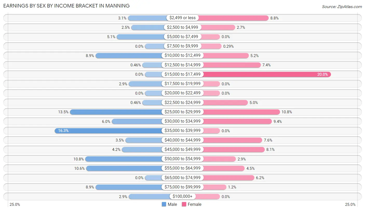 Earnings by Sex by Income Bracket in Manning