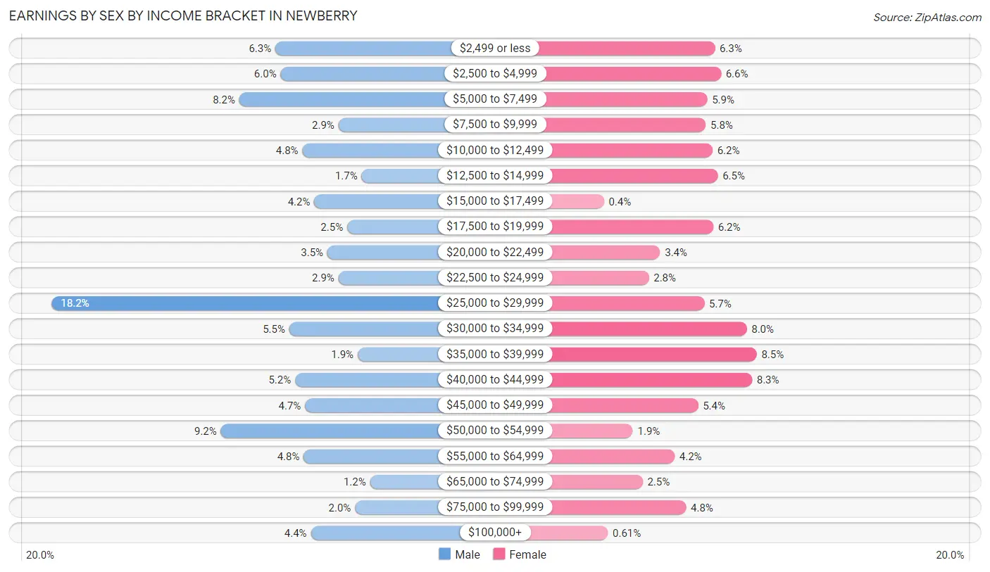 Earnings by Sex by Income Bracket in Newberry