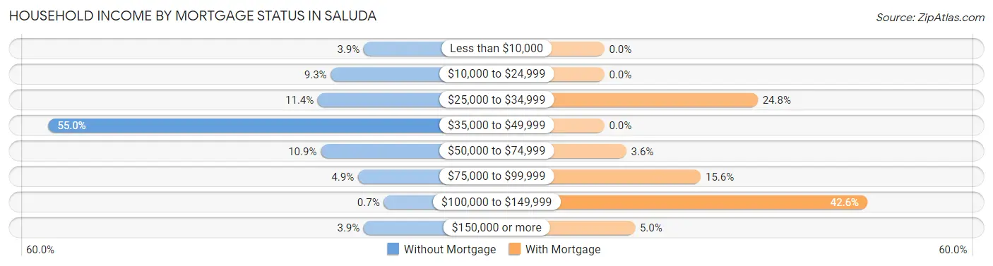 Household Income by Mortgage Status in Saluda