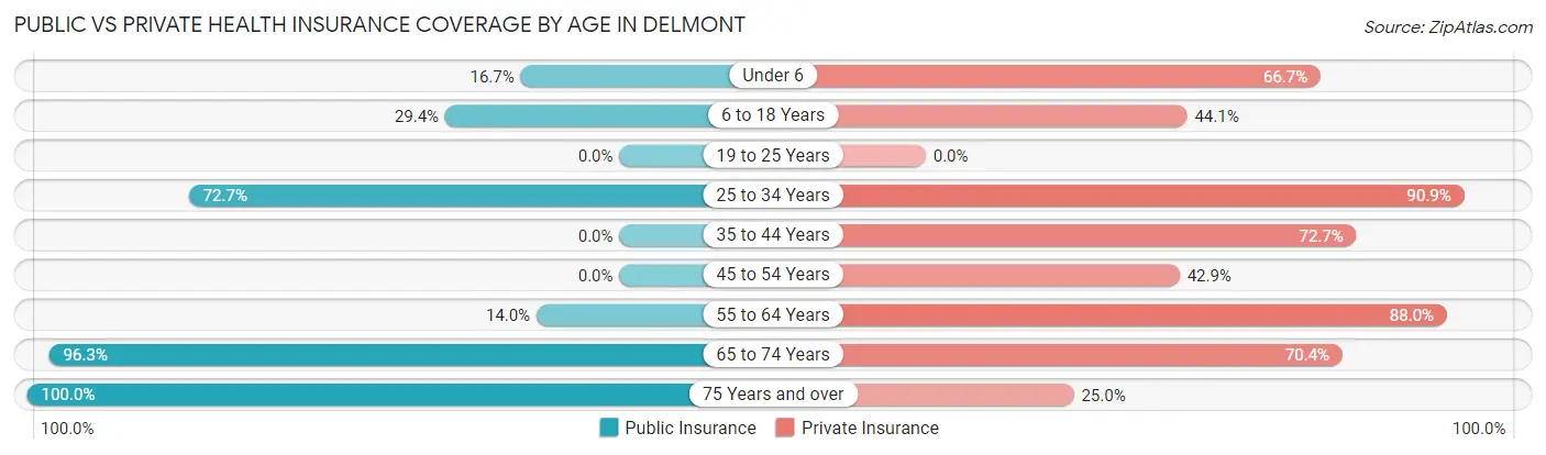 Public vs Private Health Insurance Coverage by Age in Delmont
