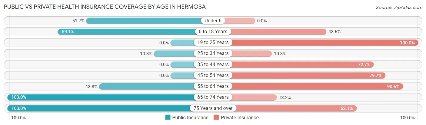 Public vs Private Health Insurance Coverage by Age in Hermosa
