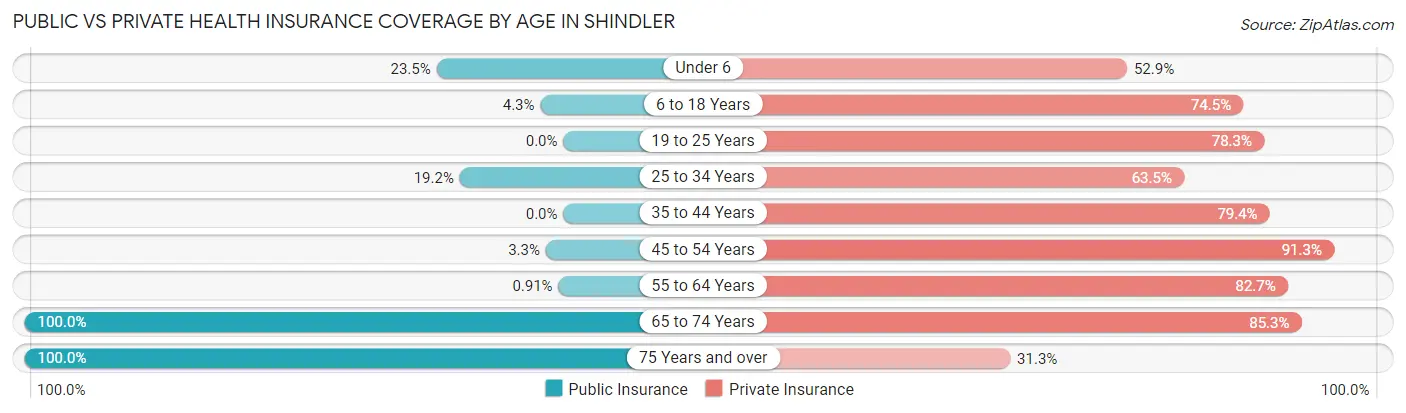 Public vs Private Health Insurance Coverage by Age in Shindler