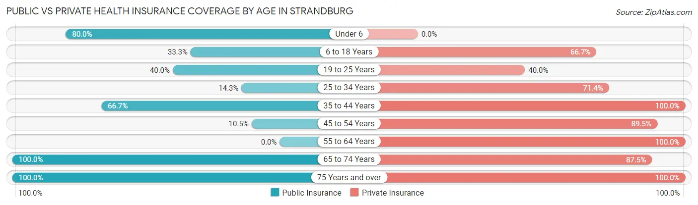 Public vs Private Health Insurance Coverage by Age in Strandburg