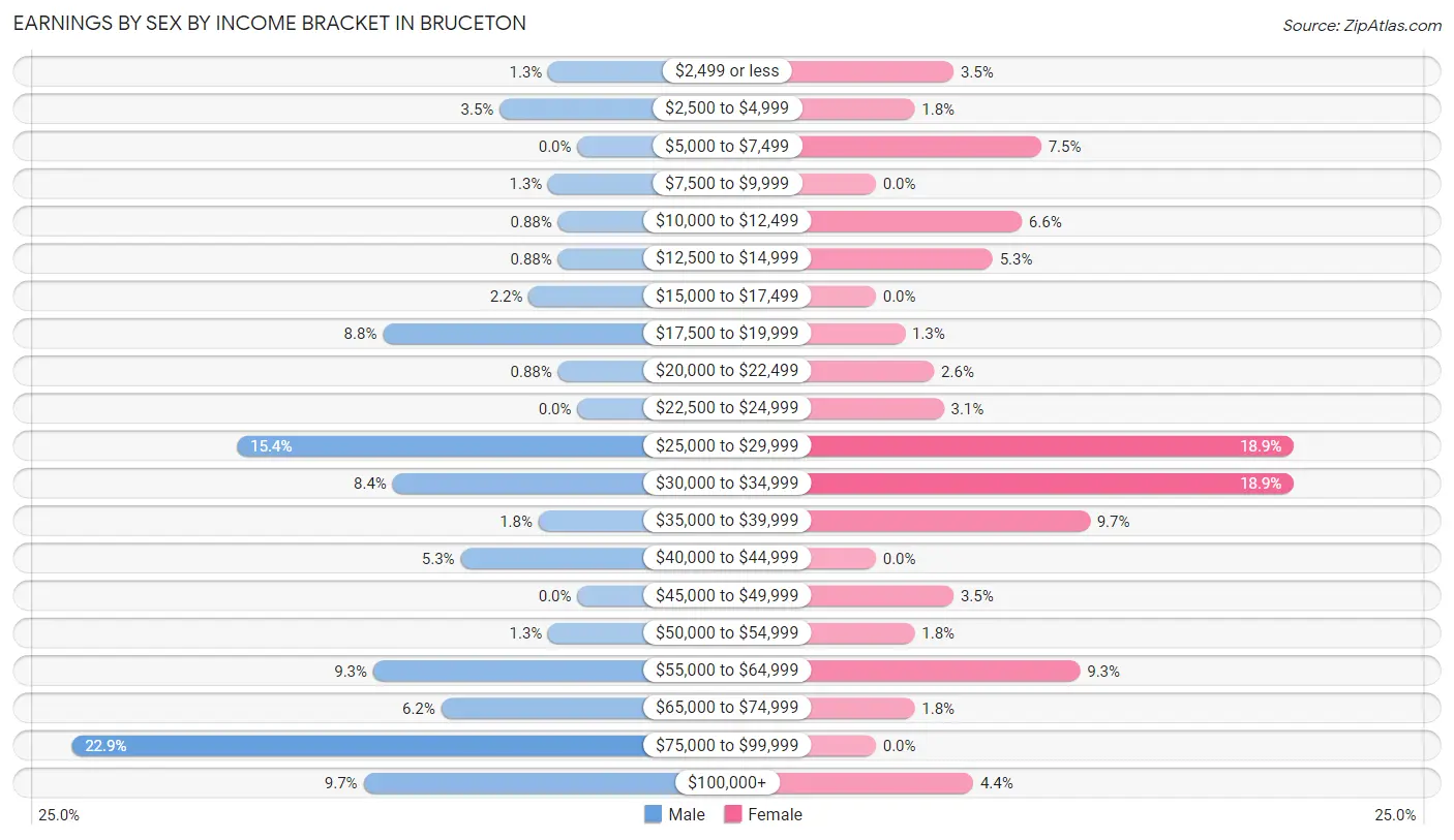 Earnings by Sex by Income Bracket in Bruceton