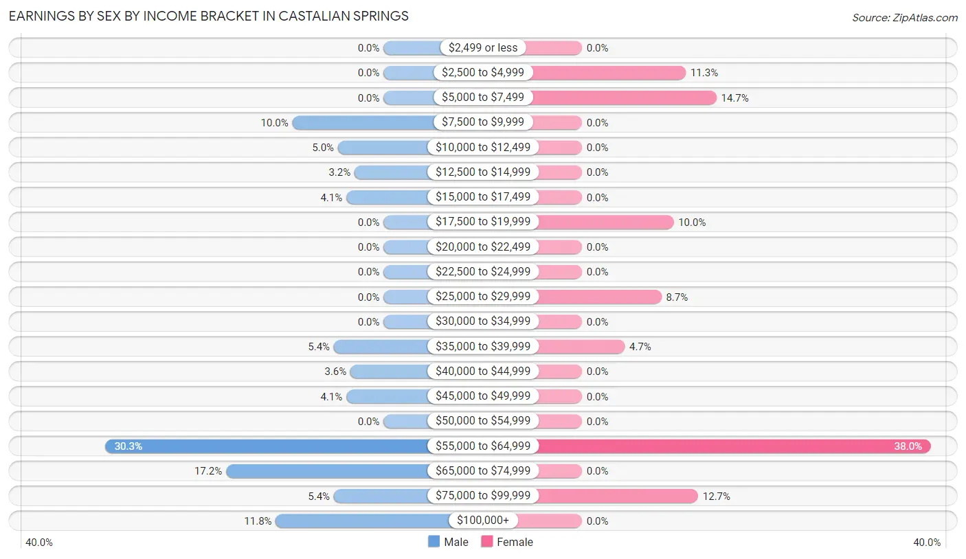 Earnings by Sex by Income Bracket in Castalian Springs