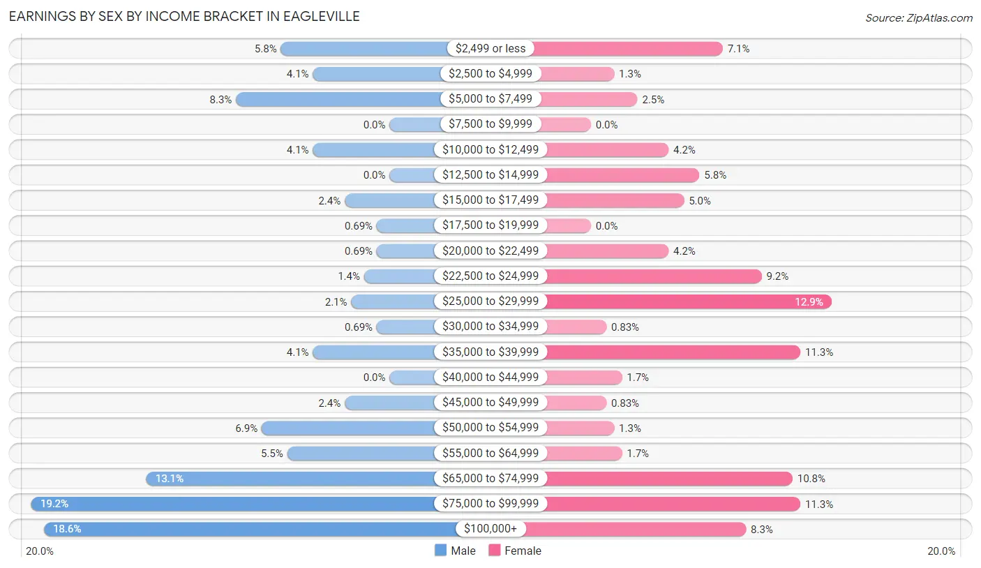 Earnings by Sex by Income Bracket in Eagleville