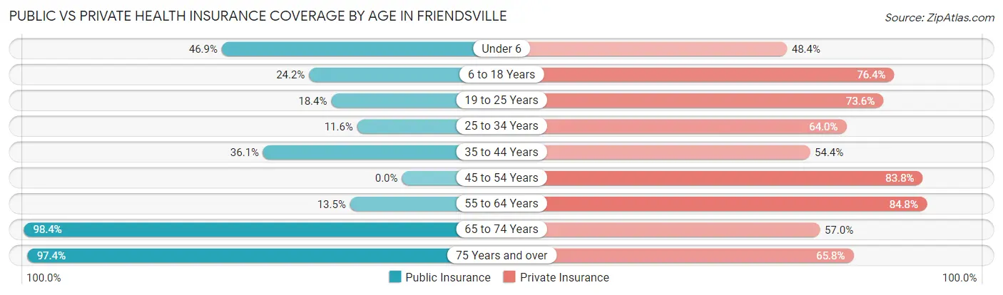 Public vs Private Health Insurance Coverage by Age in Friendsville