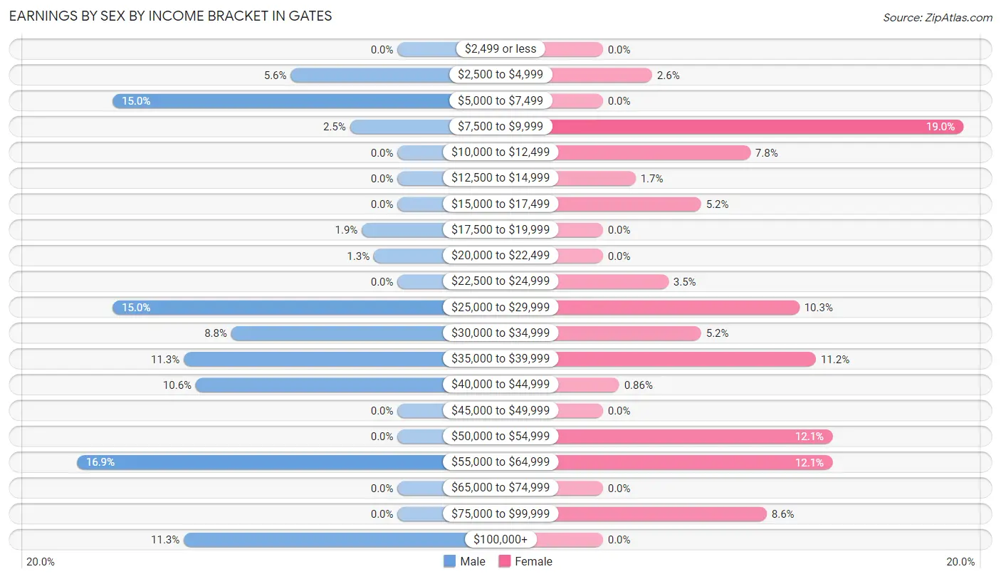 Earnings by Sex by Income Bracket in Gates