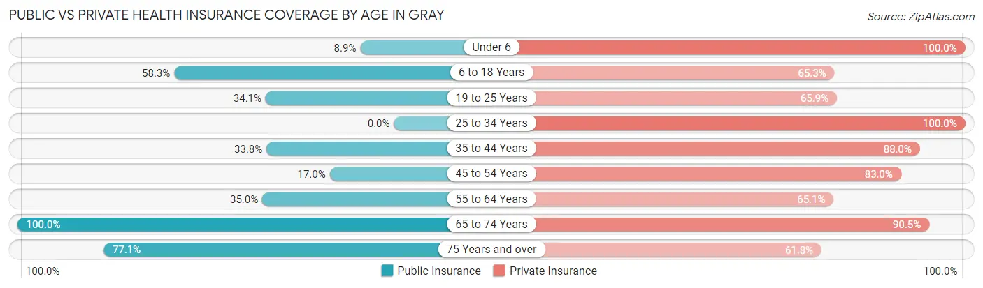 Public vs Private Health Insurance Coverage by Age in Gray