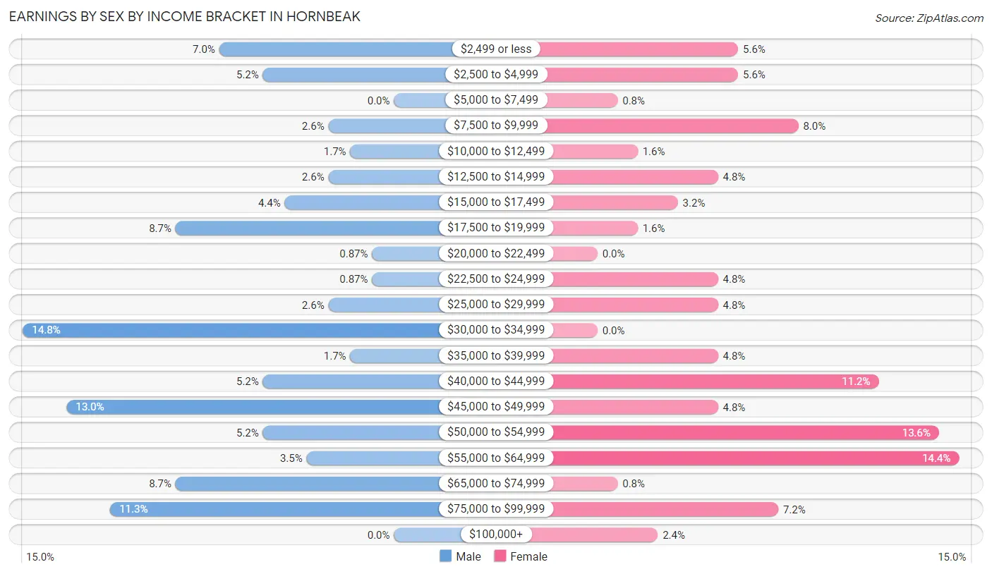 Earnings by Sex by Income Bracket in Hornbeak