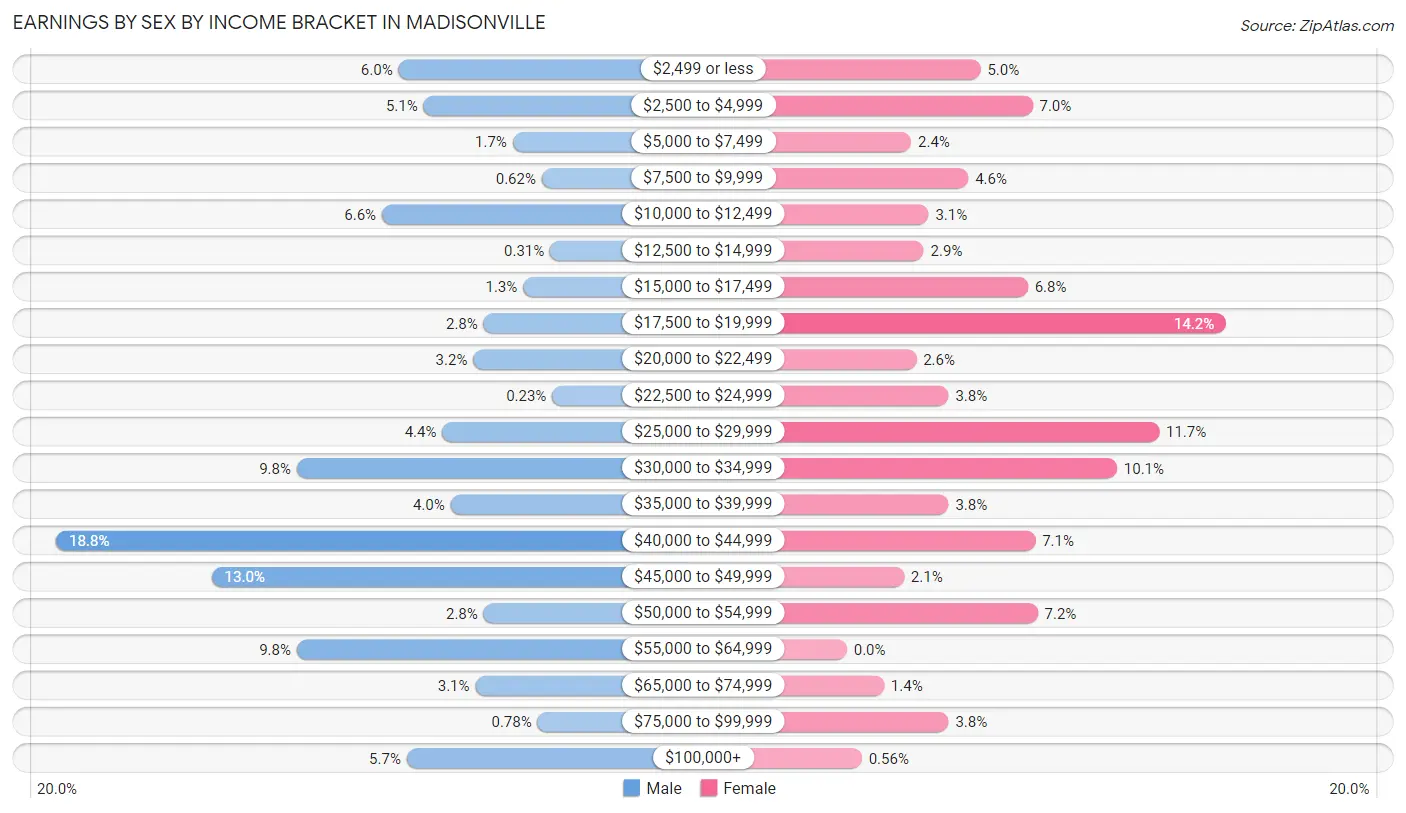 Earnings by Sex by Income Bracket in Madisonville