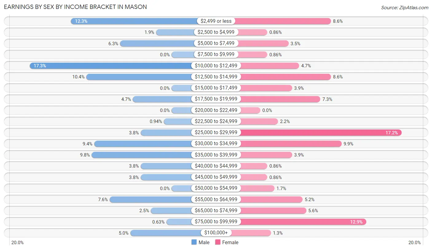 Earnings by Sex by Income Bracket in Mason