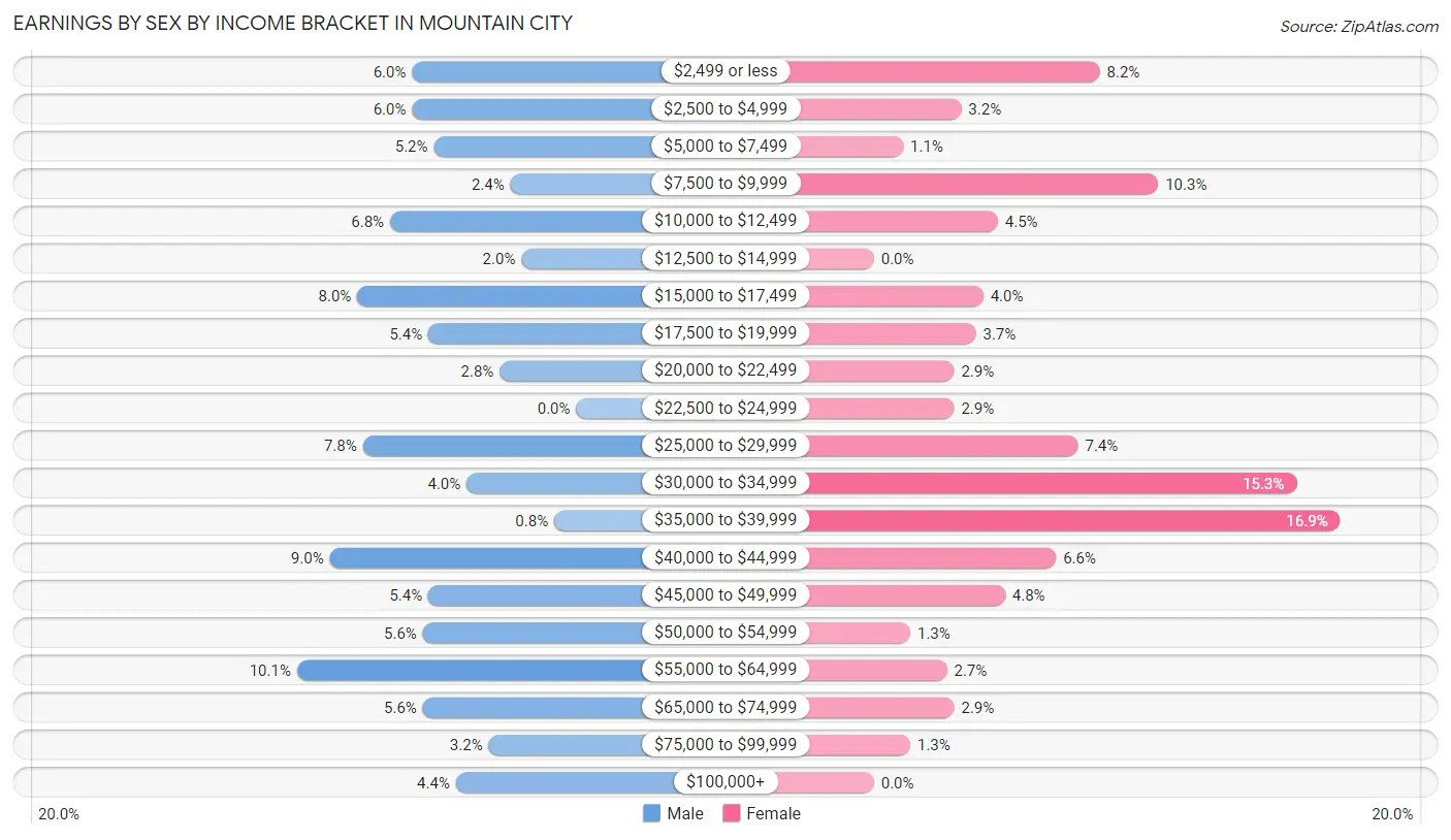 Earnings by Sex by Income Bracket in Mountain City