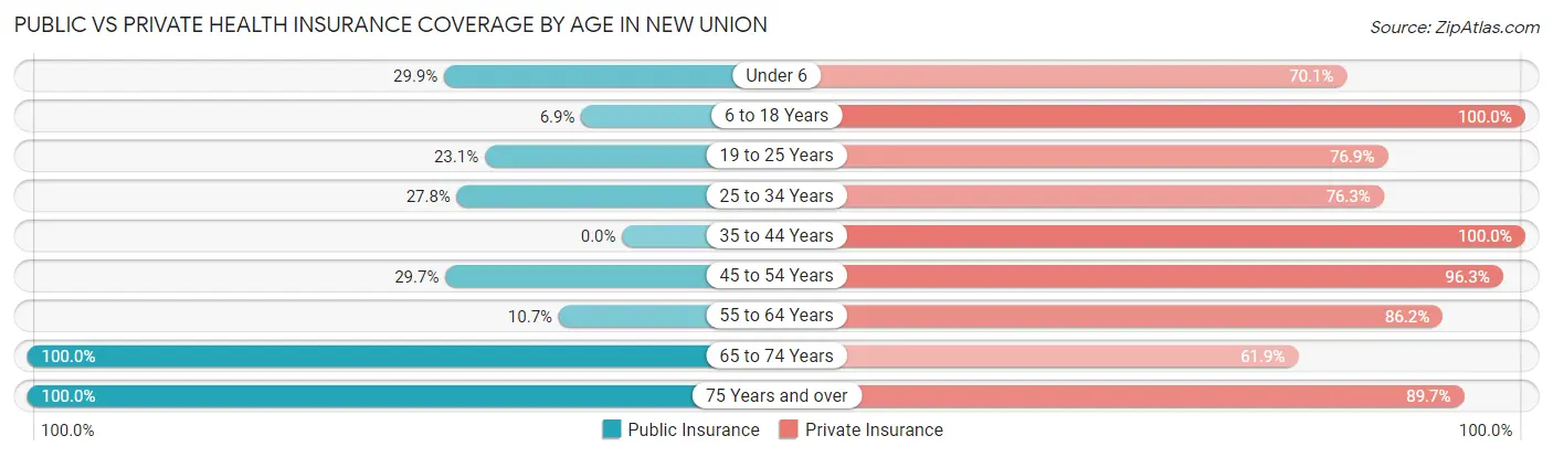 Public vs Private Health Insurance Coverage by Age in New Union