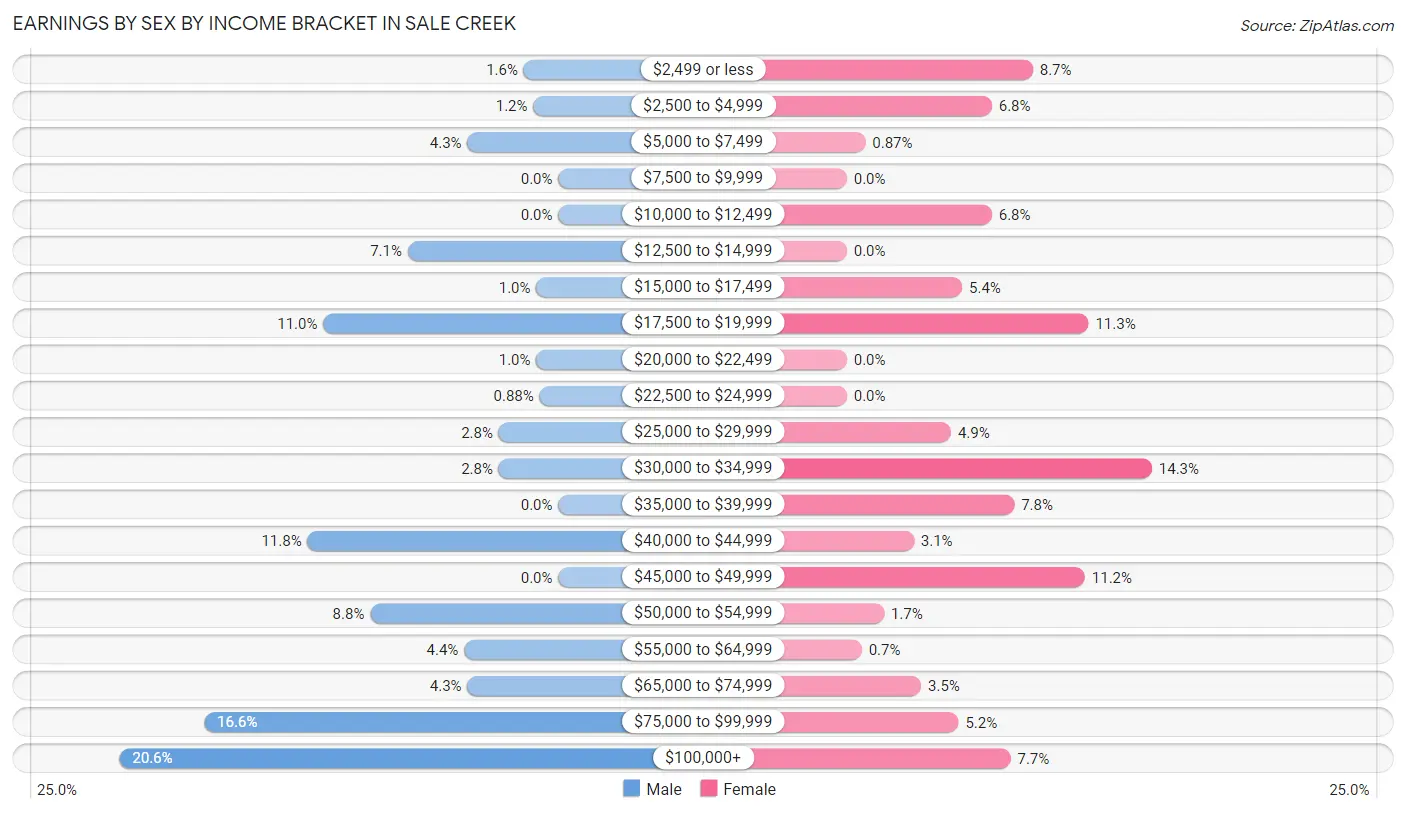 Earnings by Sex by Income Bracket in Sale Creek