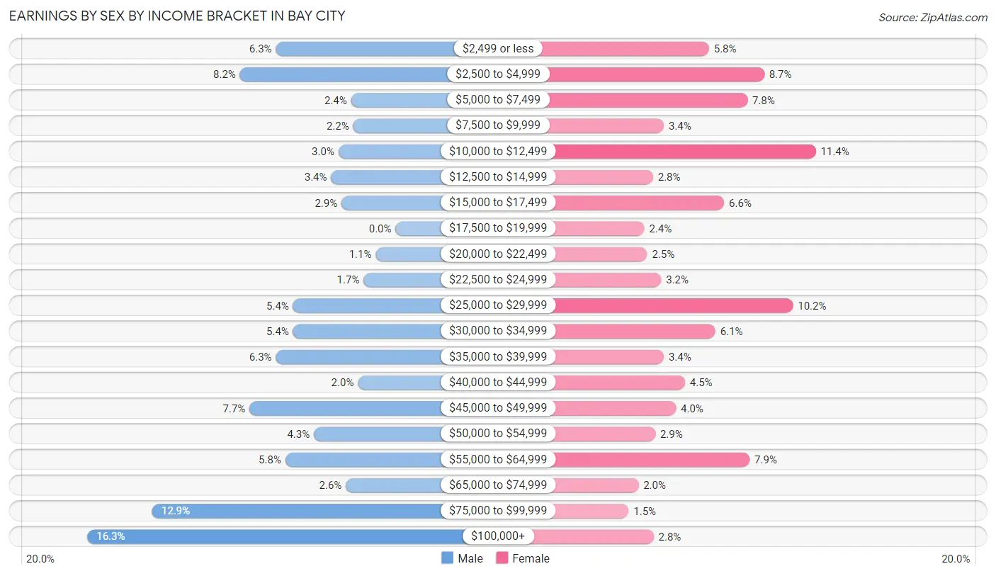 Earnings by Sex by Income Bracket in Bay City