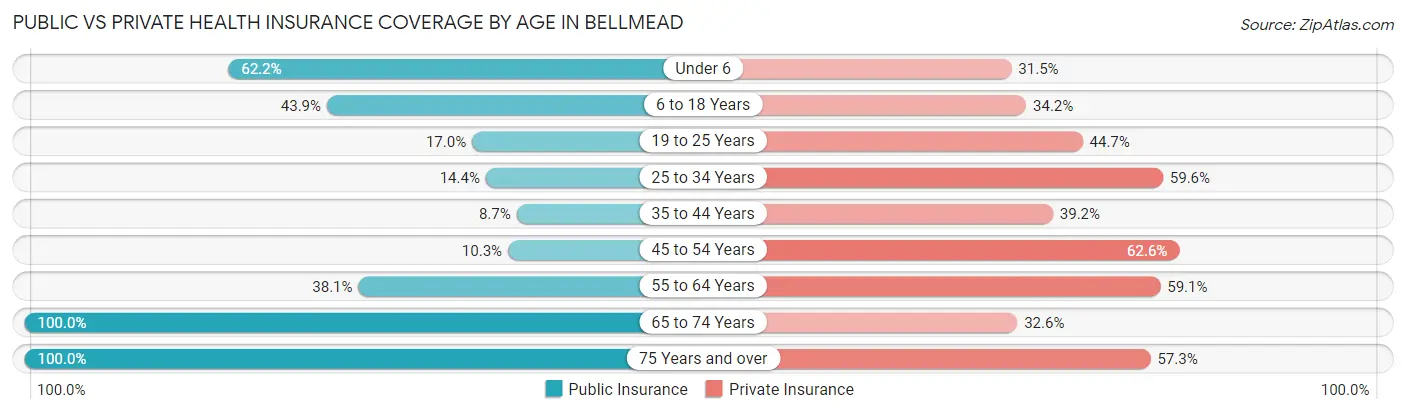 Public vs Private Health Insurance Coverage by Age in Bellmead