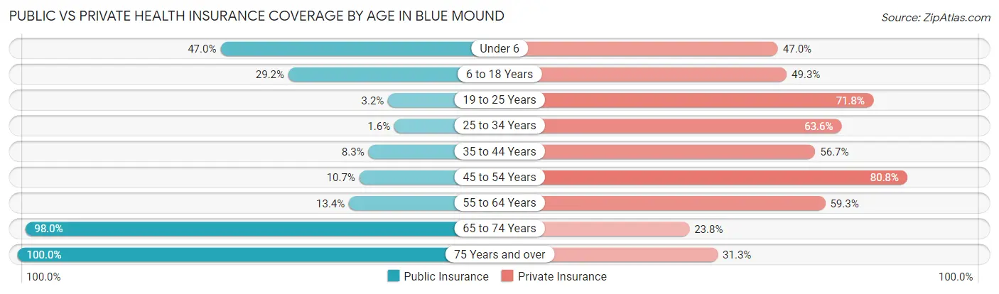 Public vs Private Health Insurance Coverage by Age in Blue Mound