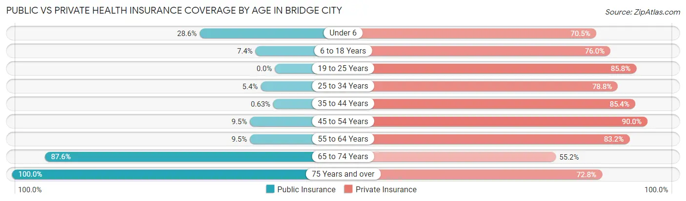 Public vs Private Health Insurance Coverage by Age in Bridge City