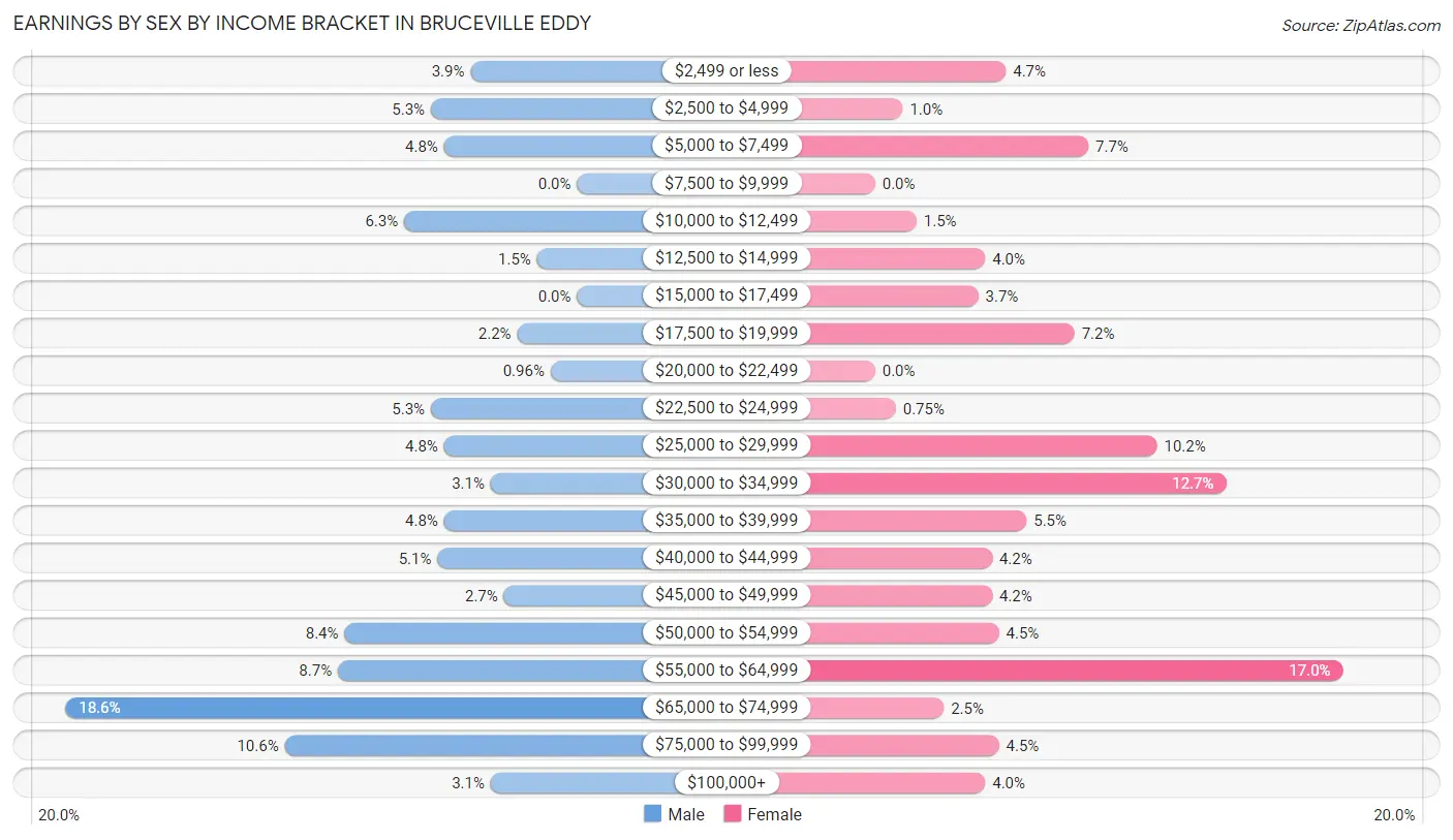 Earnings by Sex by Income Bracket in Bruceville Eddy