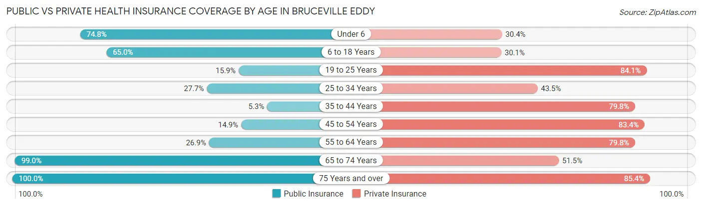 Public vs Private Health Insurance Coverage by Age in Bruceville Eddy
