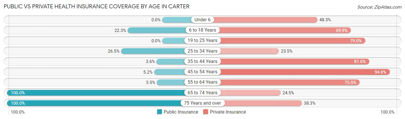 Public vs Private Health Insurance Coverage by Age in Carter