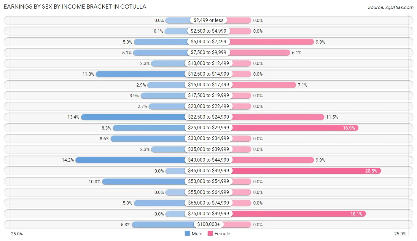 Earnings by Sex by Income Bracket in Cotulla