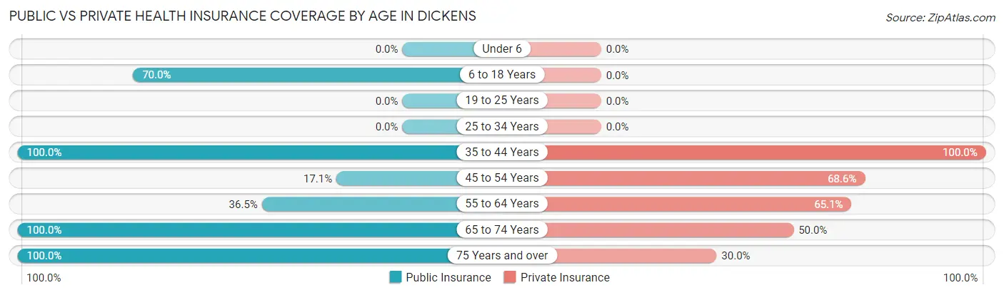 Public vs Private Health Insurance Coverage by Age in Dickens