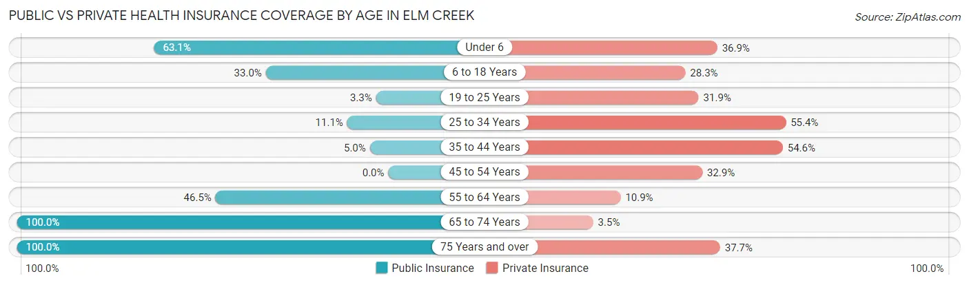 Public vs Private Health Insurance Coverage by Age in Elm Creek