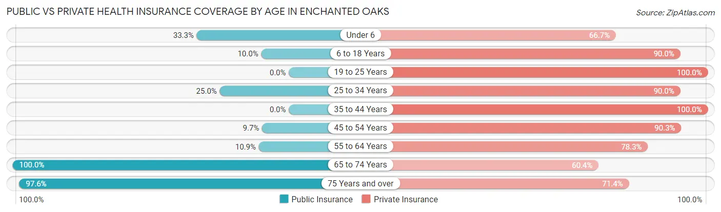 Public vs Private Health Insurance Coverage by Age in Enchanted Oaks