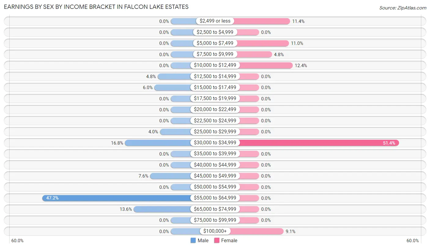 Earnings by Sex by Income Bracket in Falcon Lake Estates