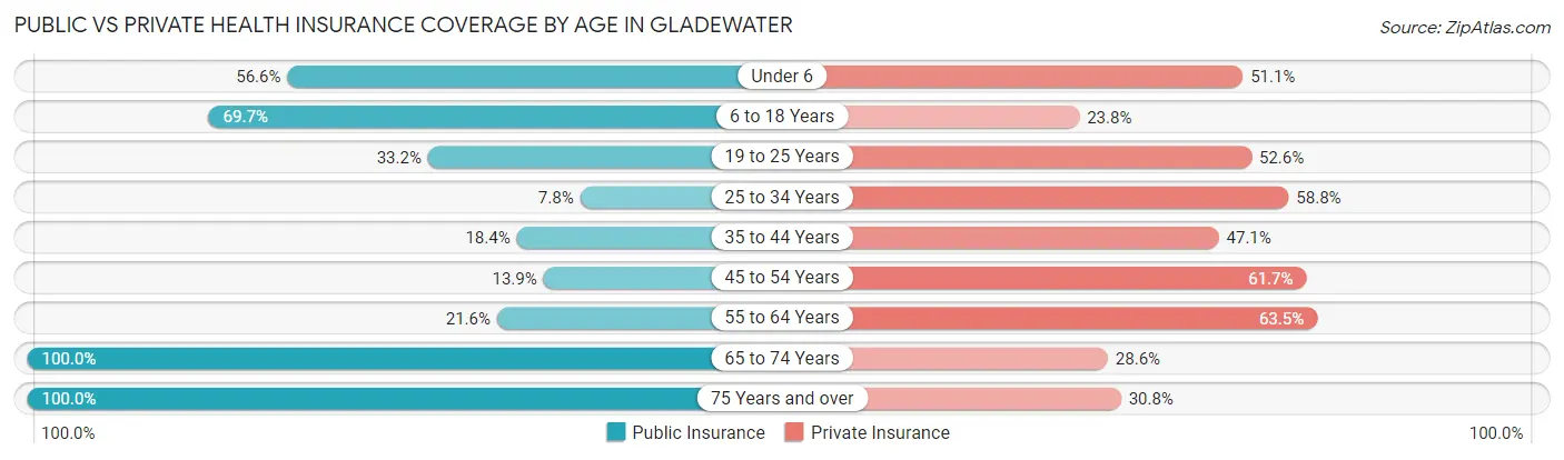 Public vs Private Health Insurance Coverage by Age in Gladewater