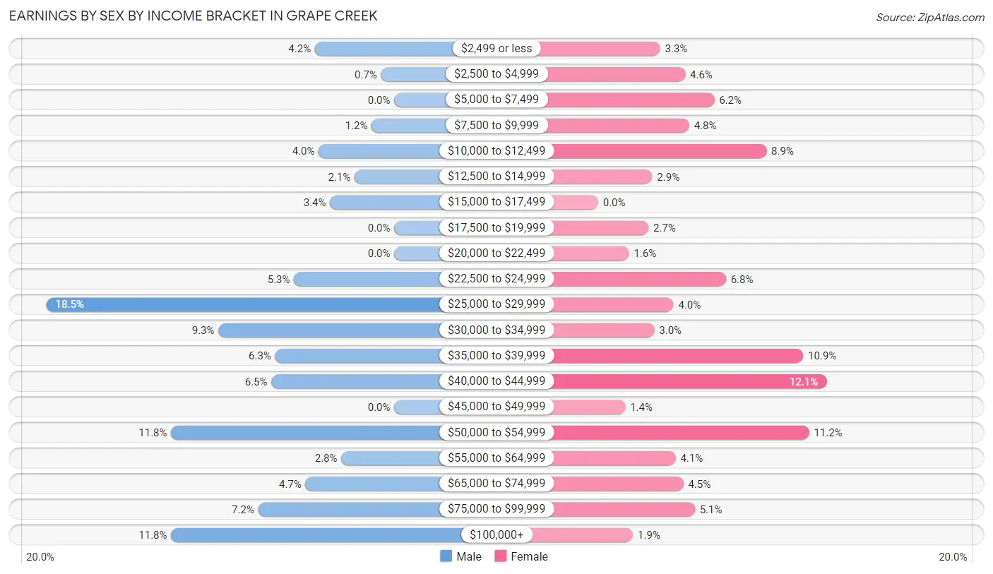 Earnings by Sex by Income Bracket in Grape Creek