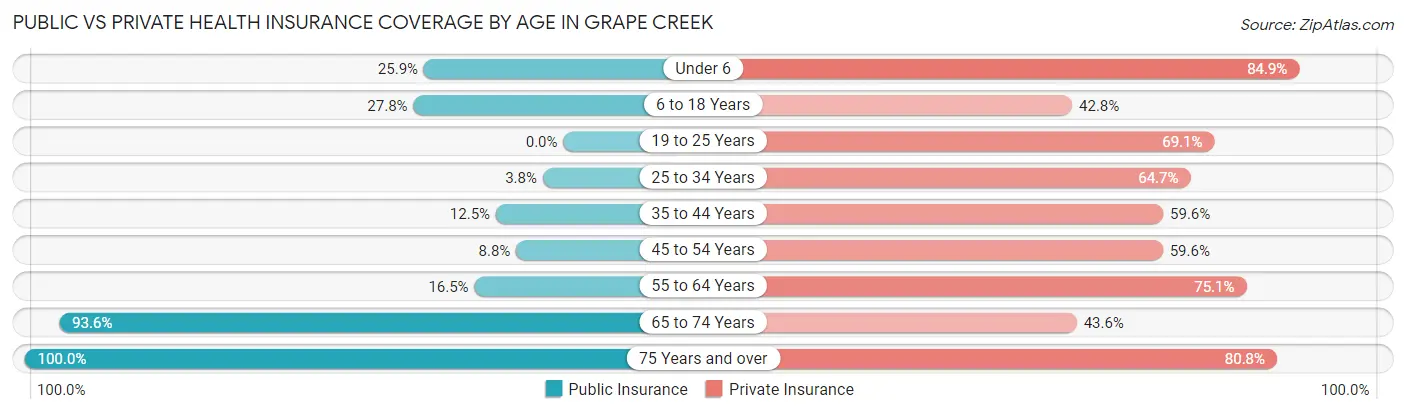 Public vs Private Health Insurance Coverage by Age in Grape Creek