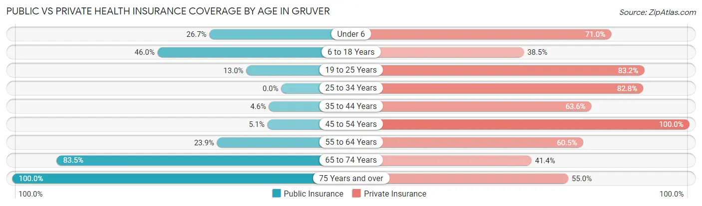 Public vs Private Health Insurance Coverage by Age in Gruver