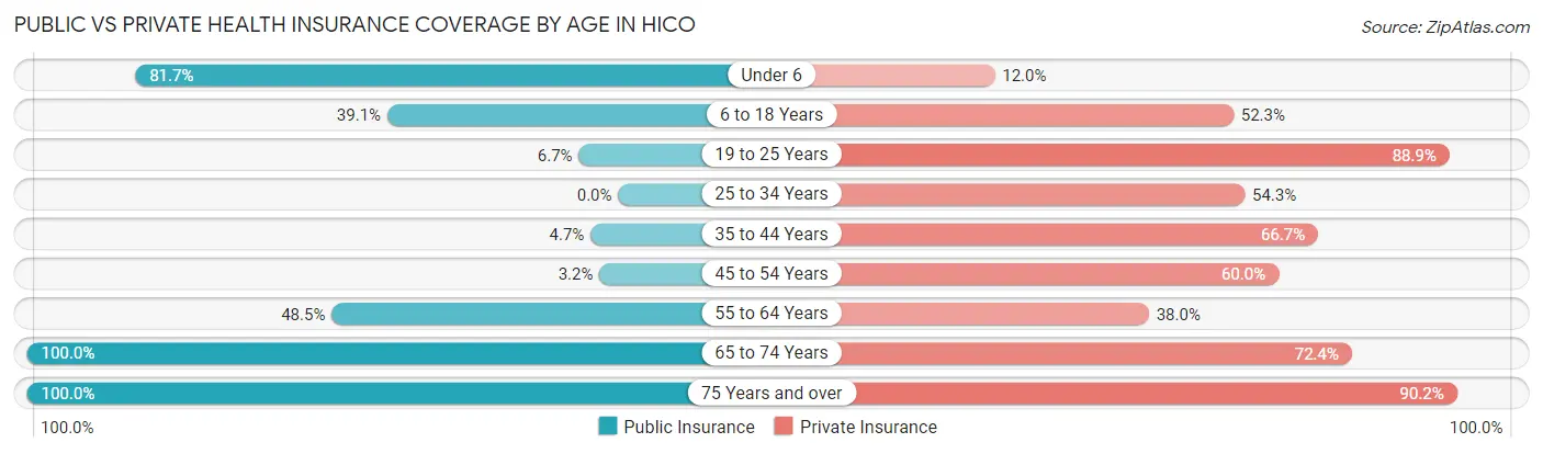 Public vs Private Health Insurance Coverage by Age in Hico