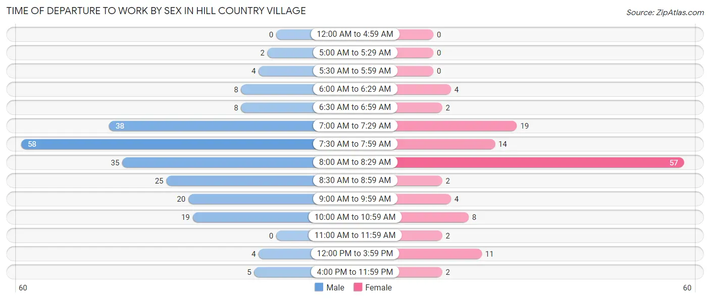 Time of Departure to Work by Sex in Hill Country Village