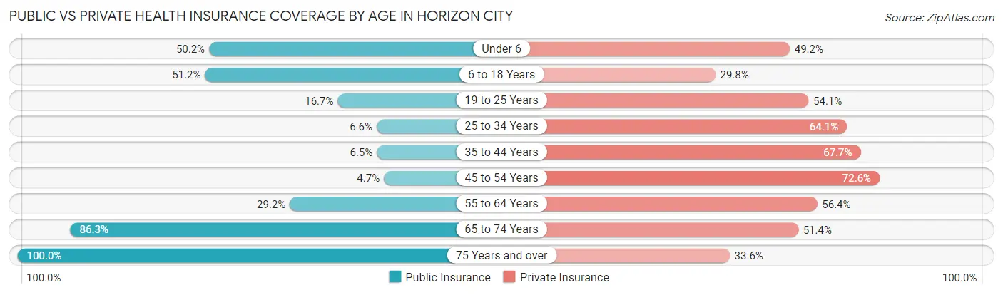 Public vs Private Health Insurance Coverage by Age in Horizon City