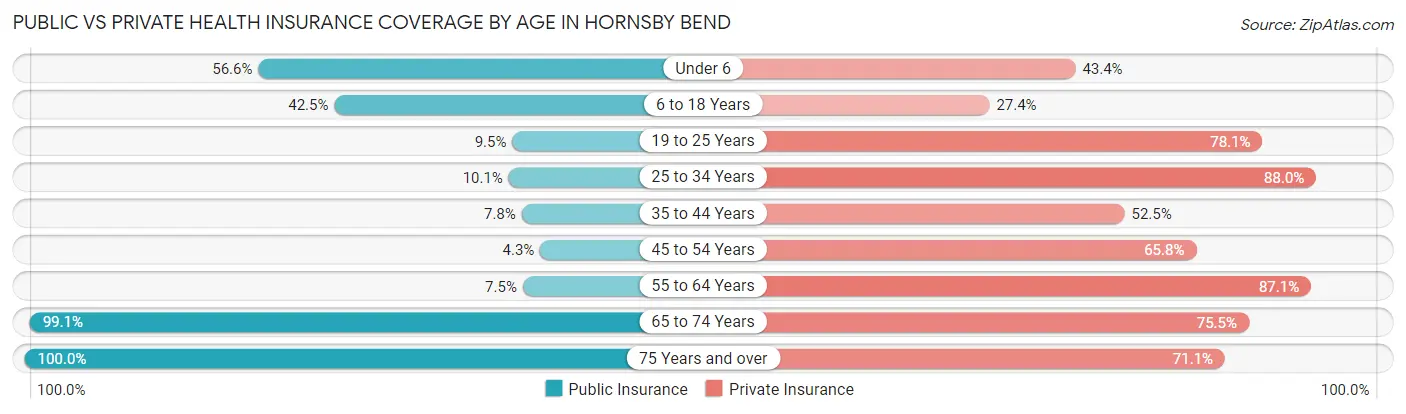Public vs Private Health Insurance Coverage by Age in Hornsby Bend