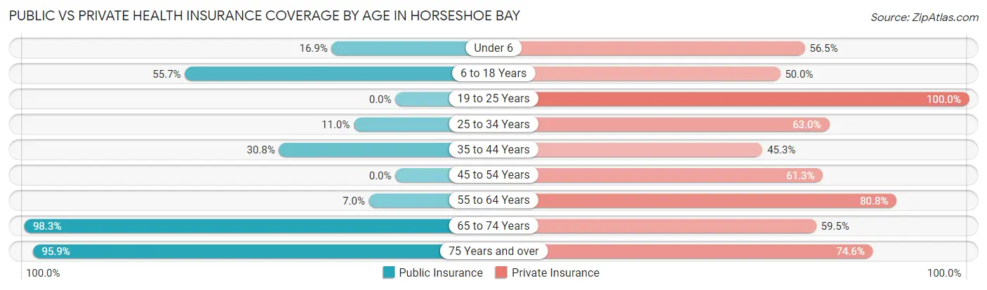 Public vs Private Health Insurance Coverage by Age in Horseshoe Bay
