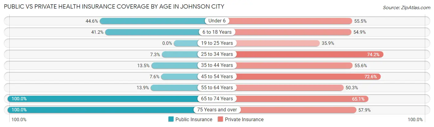 Public vs Private Health Insurance Coverage by Age in Johnson City