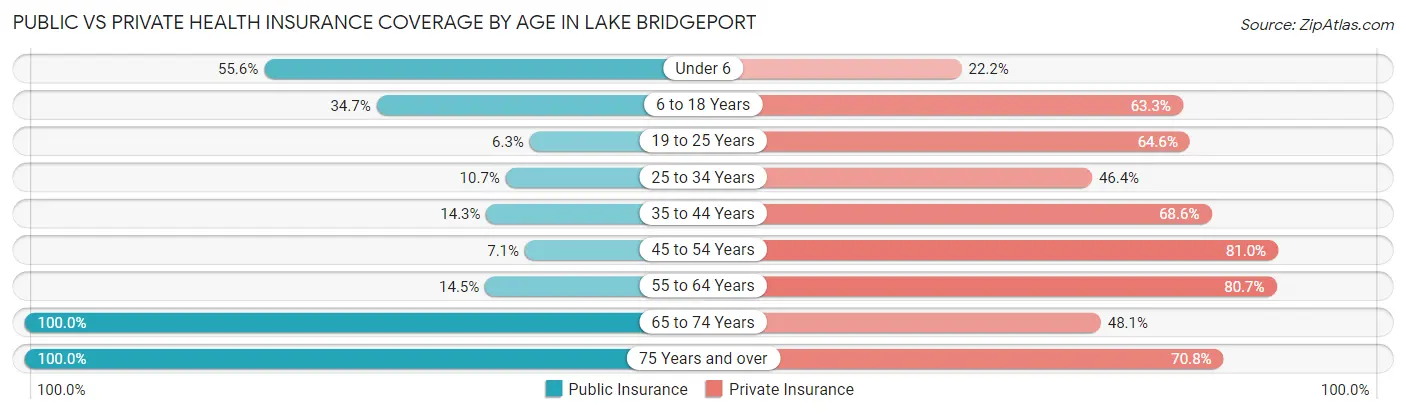 Public vs Private Health Insurance Coverage by Age in Lake Bridgeport