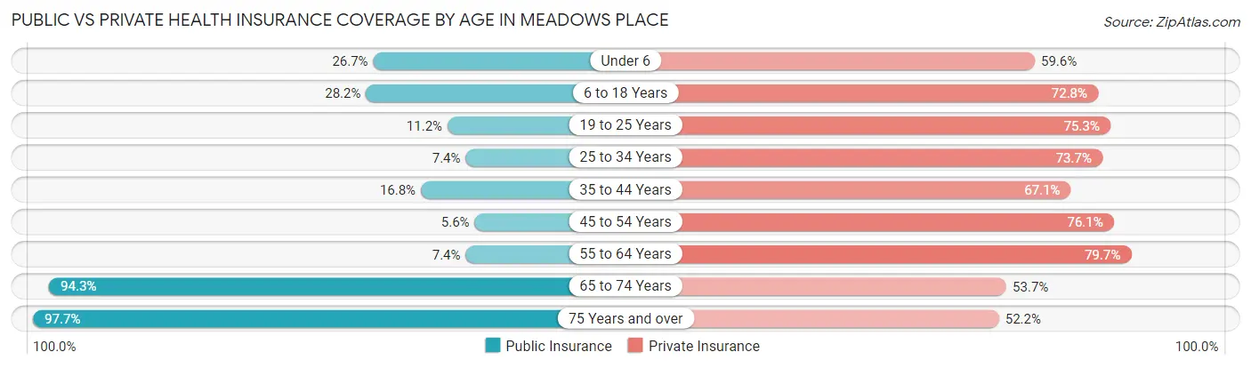 Public vs Private Health Insurance Coverage by Age in Meadows Place
