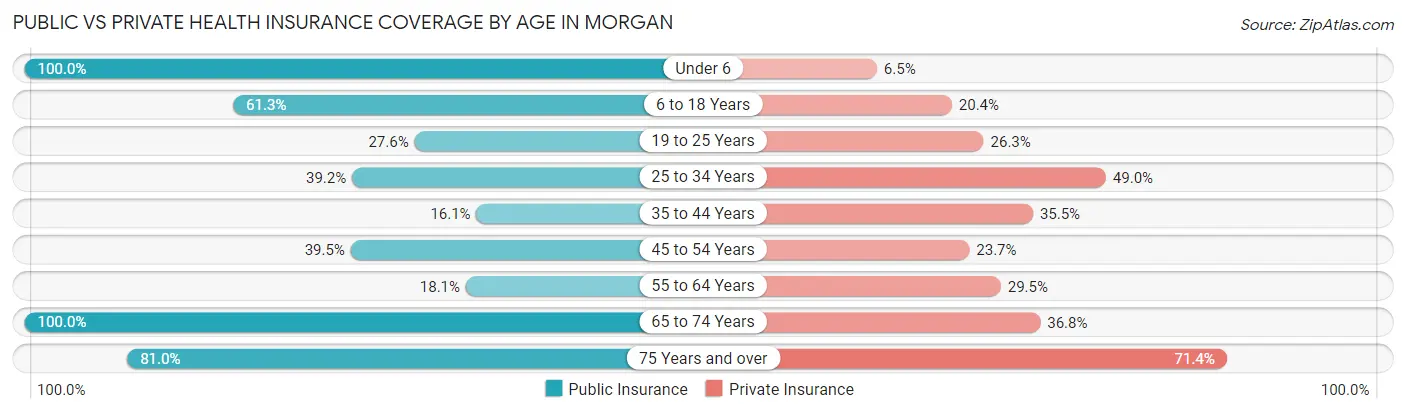 Public vs Private Health Insurance Coverage by Age in Morgan