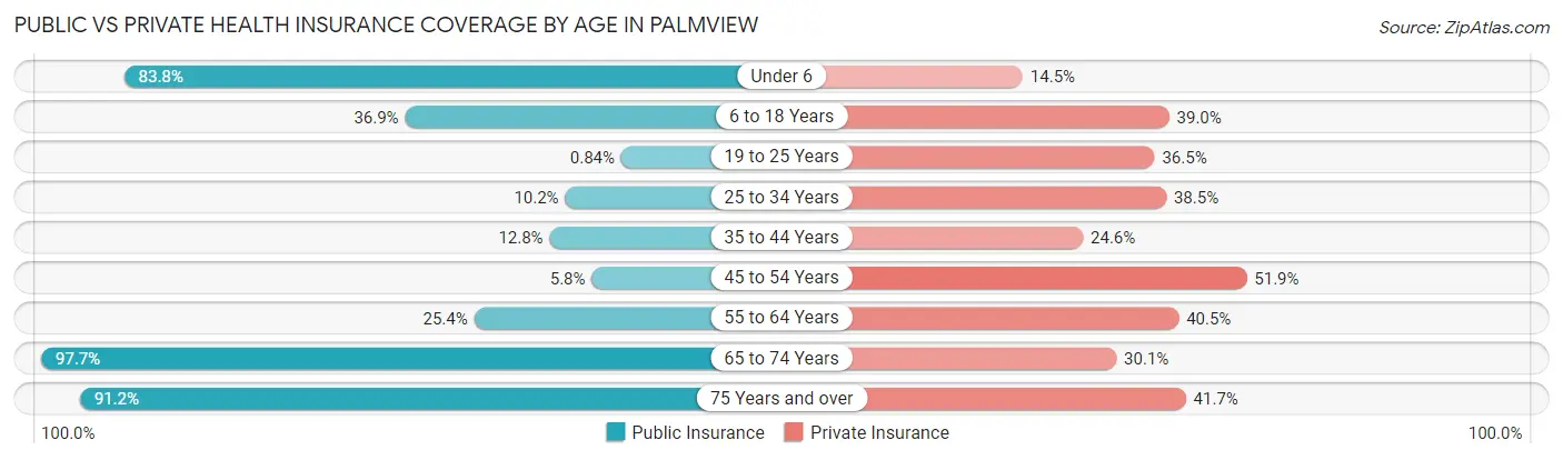 Public vs Private Health Insurance Coverage by Age in Palmview