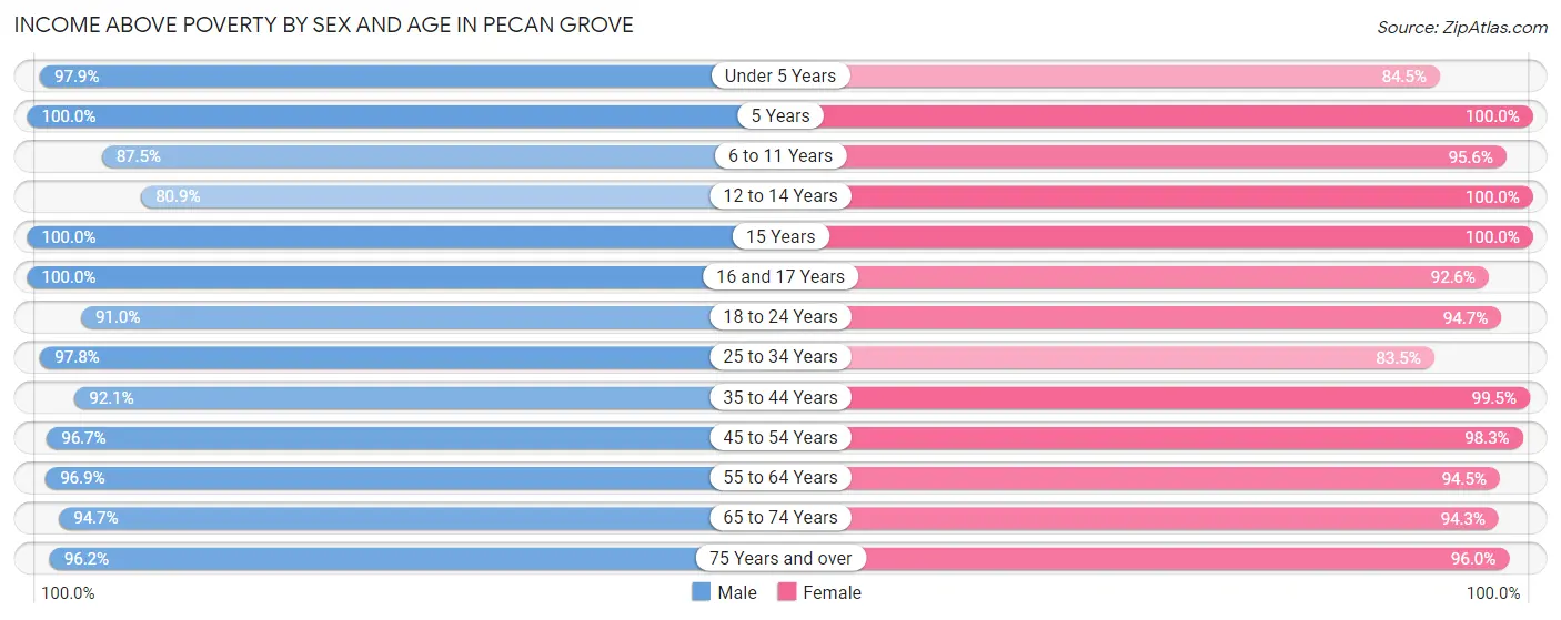 Income Above Poverty by Sex and Age in Pecan Grove