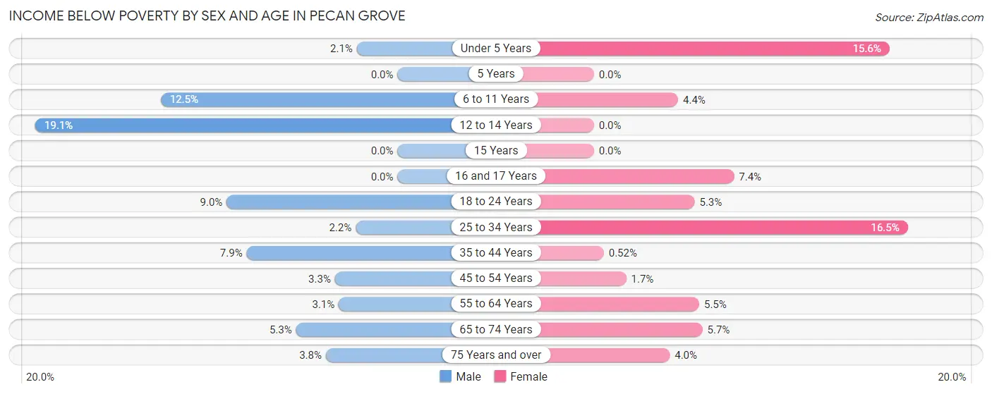 Income Below Poverty by Sex and Age in Pecan Grove